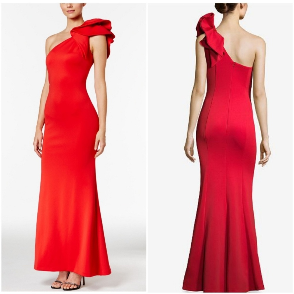 BESTY & ADAM ONE SHOULD RUFFLE GOWN